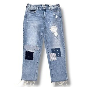 Wonderly Size 12 Girlfriend Wide Leg Distressed Patched Frayed Hem Jeans